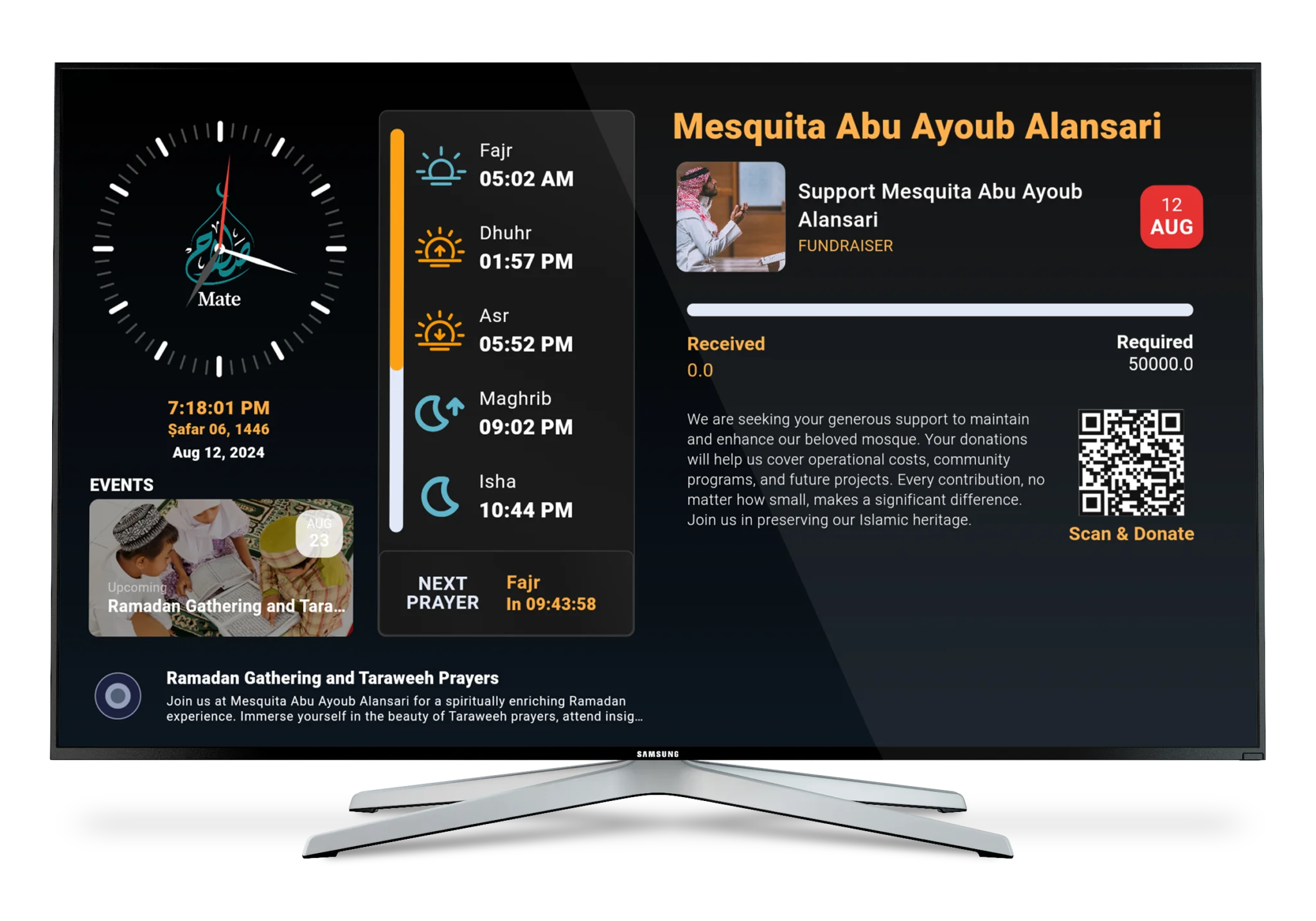 Free mosque TV display showing accurate prayer times and live donation QR code – Salah Mate
